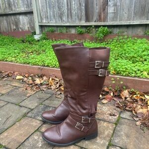 Brown Knee-High Buckle Boots (Faux Leather)